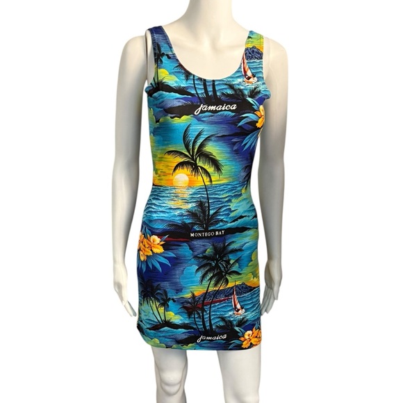 Vintage Blue Tropical Print Mini Dress Size Medium - Picture 8 of 9
